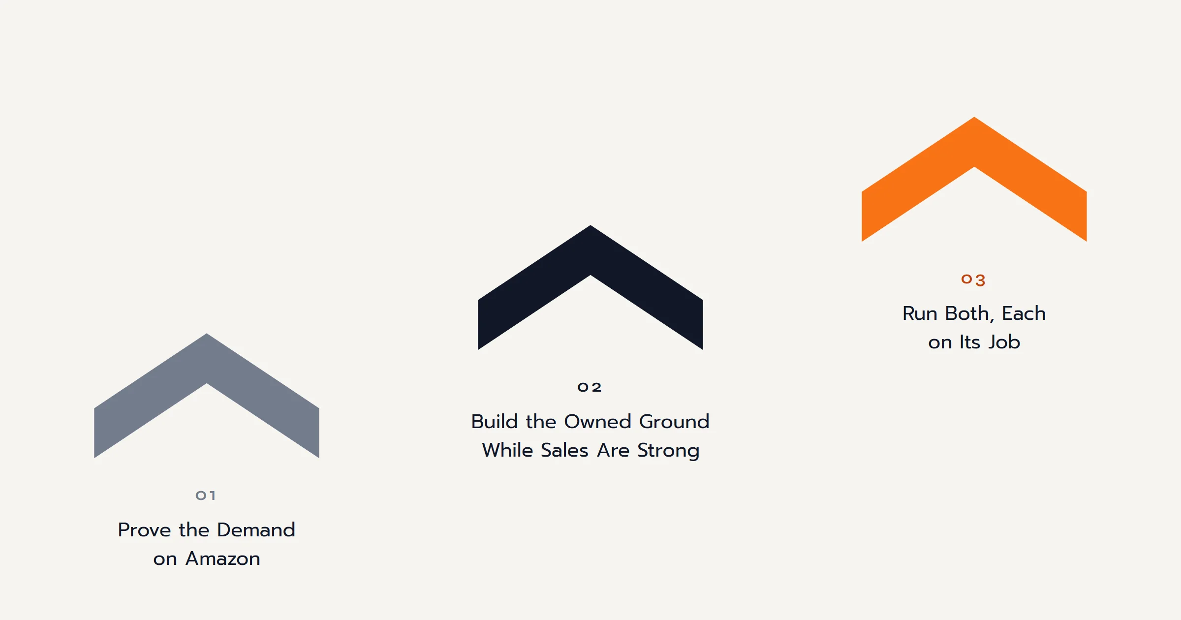 Three rising chevron steps: prove the demand on Amazon, build the owned ground while sales are strong, then run both channels, each on its job.