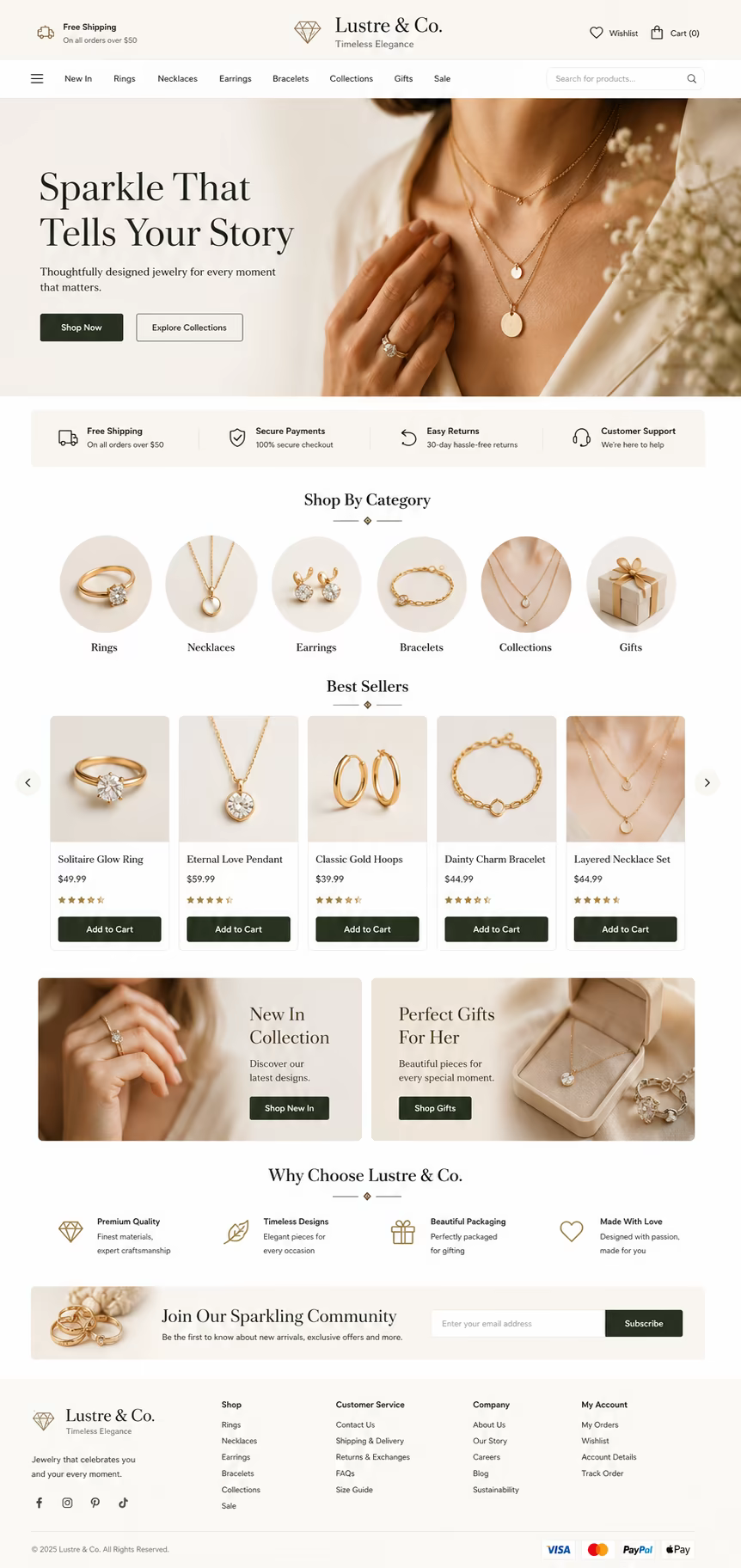 Example jewelry brand website built by Sellers Push