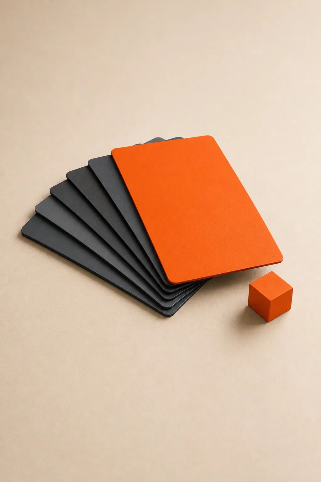 A fanned deck of thin cards with the top card in orange and a small orange cube beside it.