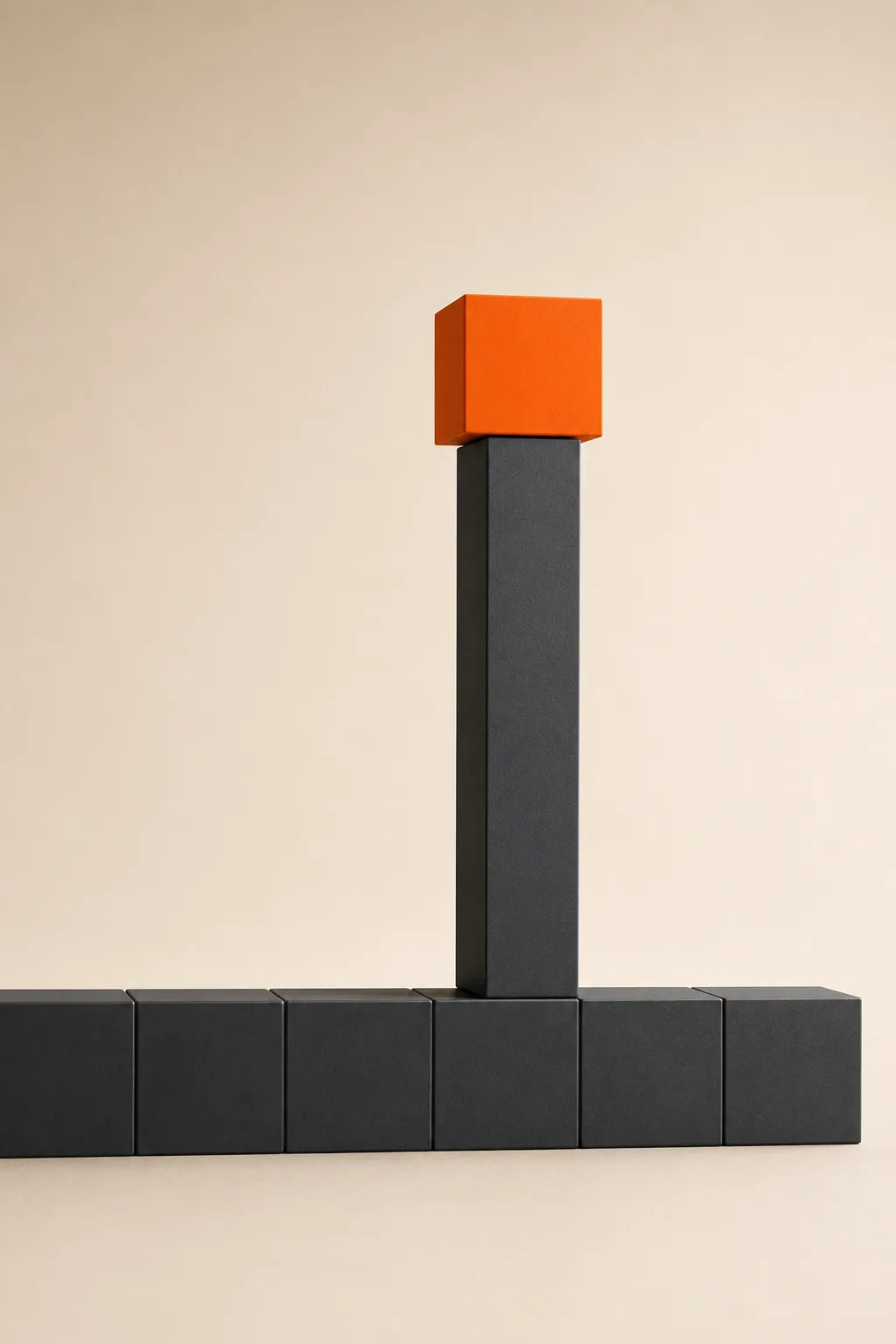 A single orange cube raised on its own tall pedestal above a row of identical gray blocks.