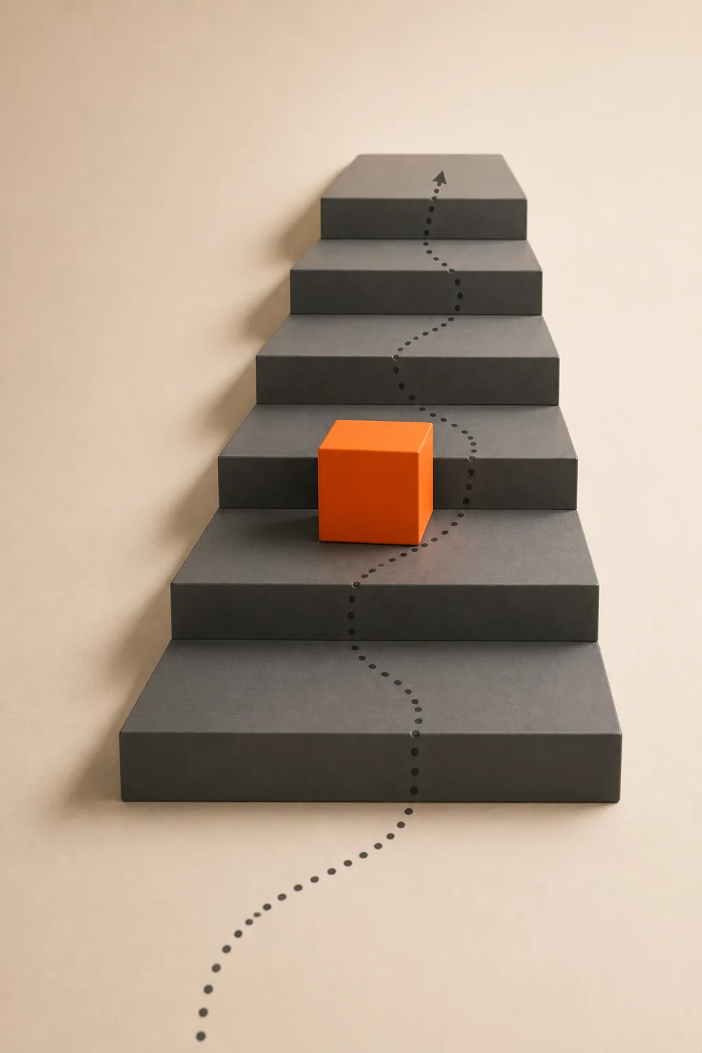 An orange cube climbing a flight of gray steps along a dotted route that points upward.
