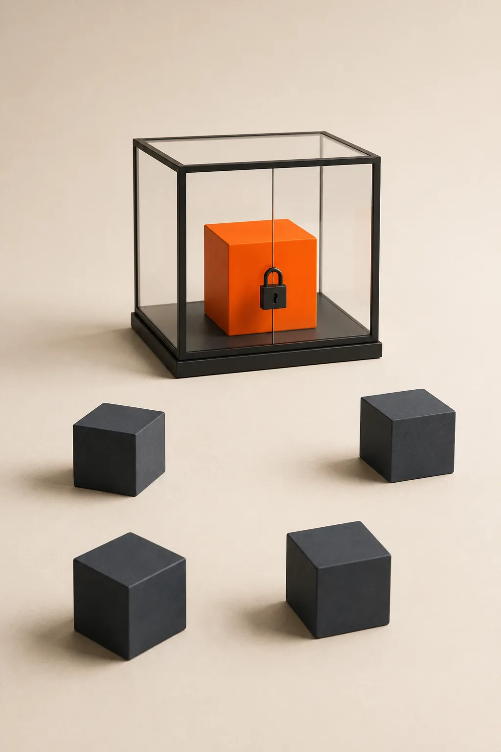 An orange cube, your brand, padlocked inside a glass display case while plain gray cubes sit outside it