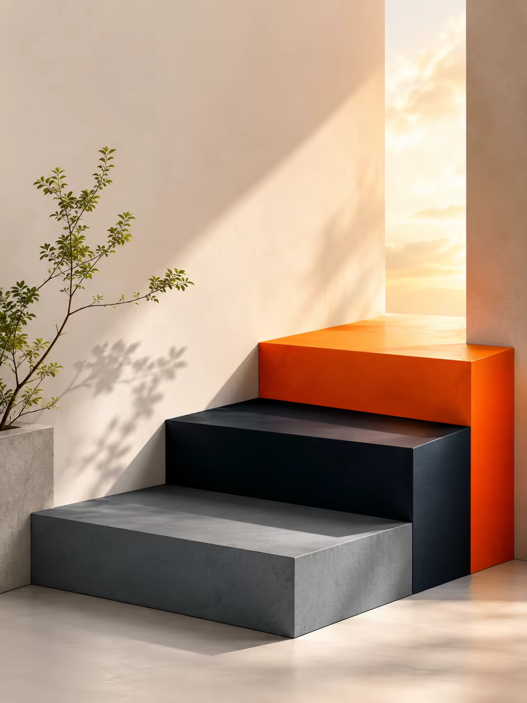 Three chevrons climbing from gray to ink to orange, the arc from renting on Amazon to owning your brand