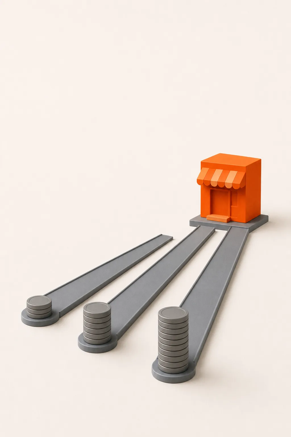 Three gray ramps with small, medium, and tall coin stacks, all leading to one small orange shop
