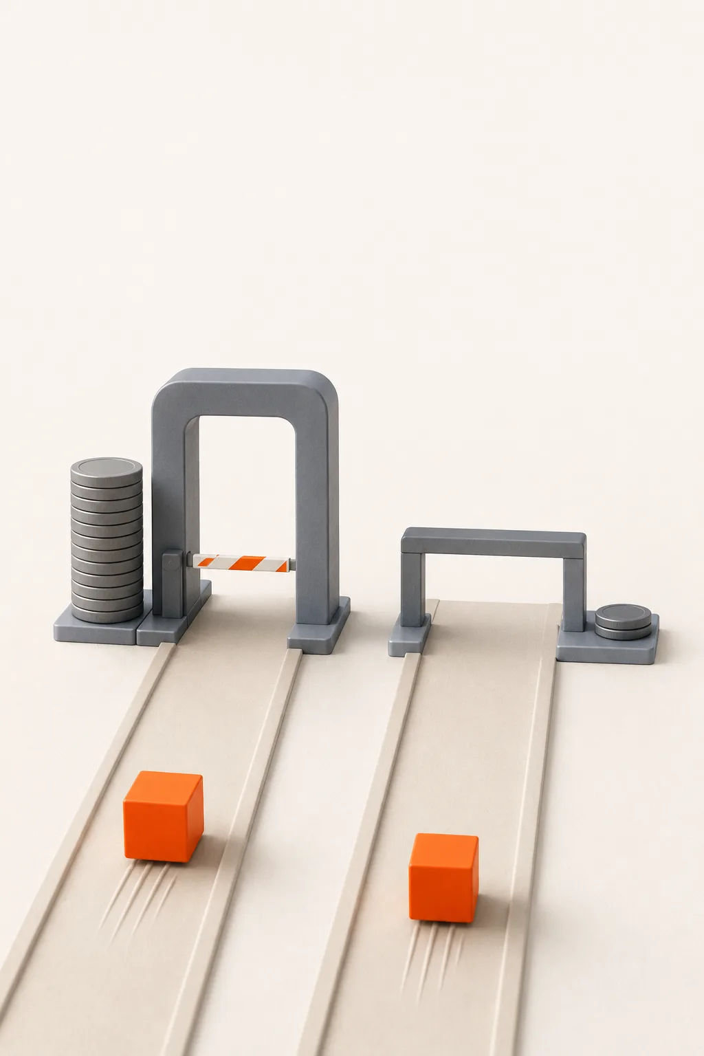 Two orange cubes at two toll gates: one tall gate collecting a tall stack of coins, one low gate collecting two