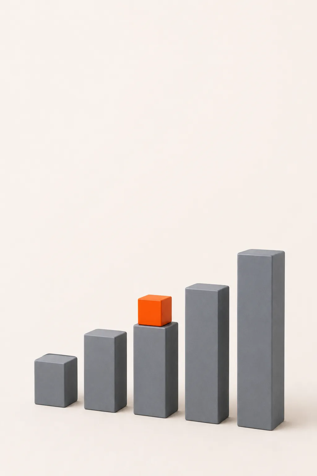 Five gray pillars stepping up in height, with a small orange cube resting on the middle one